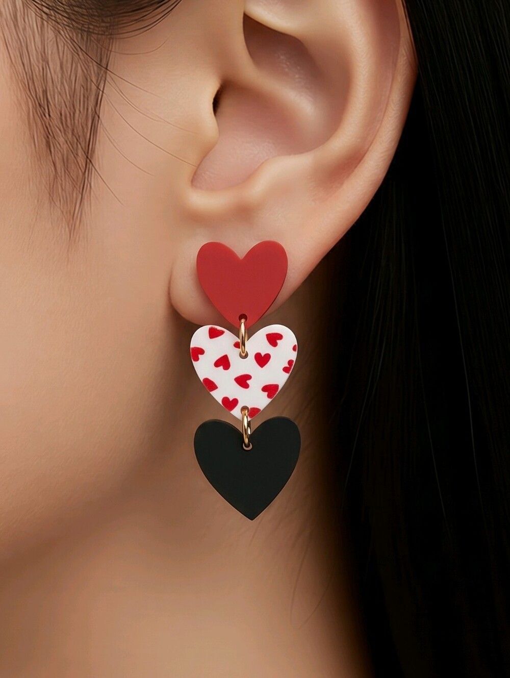 Triple Heart Dangle Earrings Red Black White Acrylic Color Block Statement 2"